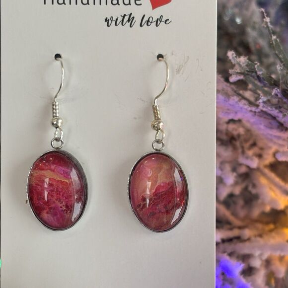 Handmade Poured Paint Oval Earrings Red Yellow Swirl Stainless Steel Artisan - Picture 3 of 5